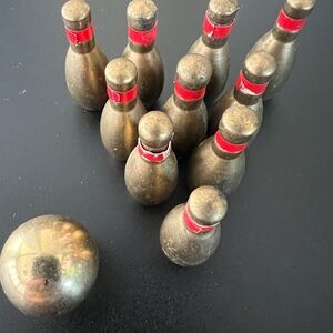 Vintage Mini Brass Bowling Pin Set w/ Ball | Desk Novelty | Bar Decor-Complete